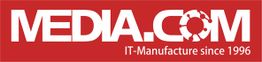 Rotes Logo mit weißem Text „MEDIA.COM“ und „IT-Manufacture since 1996“.