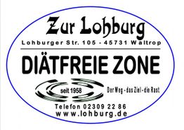 Logo der Gaststätte "Zur Lohburg" in Waltrop, das mit "Diätfreie Zone" wirbt.
