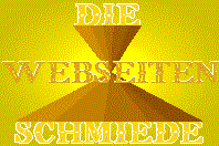 Gelbes Bild mit Text: "DIE WEBSEITEN SCHMIEDE" über einem stilisierten Amboss.