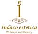 Logo di "Indaco estetica" con scritta "Wellness and Beauty" e decorazioni stilizzate.