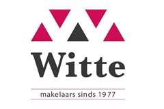 Logo van Witte makelaars, sinds 1977, met zwart en roze driehoeken.