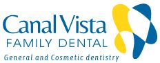 Logo of Canal Vista Family Dental with abstract tooth design in blue and yellow.