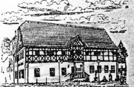 Zeichnung eines alten Fachwerkhauses mit Ziegeldach, Bäumen im Hintergrund und Wolken am Himmel.