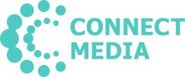 Logo med teksten "Connect Media" og cirkulært blå-grønt mønster.