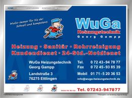 Werbung für WuGa Heizungstechnik, bietet Services in Heizung, Sanitär, Notdienst mit Kontaktdaten.