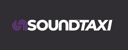 Logo mit dem Text "SOUNDTAXI" in Weiß auf dunklem Hintergrund, links ein lilafarbenes Symbol.