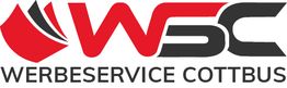 Logo mit den Buchstaben "WSC" und dem Text "Werbeservice Cottbus" in Rot und Schwarz.