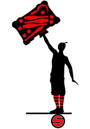 Silhouette einer Person mit rotem Koffer über Kopf, gestreifte Socken, Symbol unten.