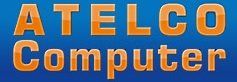 Blauer Hintergrund mit oranger Aufschrift "ATELCO Computer".