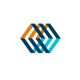 Abstract geometric logo with interlocking orange, blue, and teal shapes on a white background.