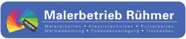 Logo „Malerbetrieb Rühmer“ mit Farbpalette und Dienstleistungsangeboten auf blauem Hintergrund.