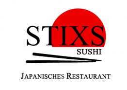 Logo mit Stäbchen, roter Sonne und Text: "STIXS Sushi Japanisches Restaurant".