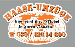 HAASE-UMZÜGE Logo mit Globus, Slogan und Telefonnummer: 030 / 816 14 800.
