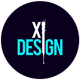 Logo mit schwarzem Hintergrund, text "XI DESIGN" in Blau und Weiß, stilisierter Pinsel.