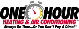 Logo for One Hour Heating & Air Conditioning with a stopwatch and their slogan on punctuality.