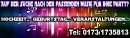 Buntes Musik-Banner mit Telefonnummer für Party, Hochzeit und Veranstaltungen.