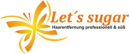 Logo mit orangefarbenem Schmetterling und Schriftzug "Let’s sugar - Haarentfernung professionell & süß".