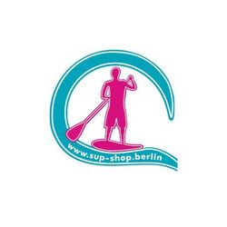 Logo mit surfer in Pink auf türkisfarbenem Wasser. Text: "www.sup-shop.berlin".