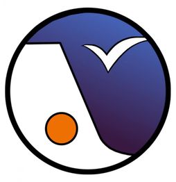 Abstraktes blau-weißes Kreis-Design mit orangenem Punkt und Häkchen-Symbol.