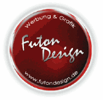 Rotes rundes Logo mit Text: "Futon Design, Werbung & Grafik" und Website "www.futondesign.de".