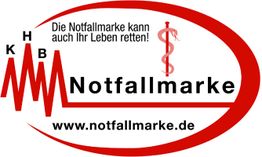 Logo mit rotem Oval, Schriftzug "Notfallmarke" und Webseite, Gesundheitsstab sichtbar.