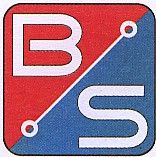 Buchstaben "B" und "S" geteilt diagonal durch Linie, rote und blaue Bereiche, technische Symbole.