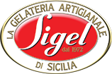 Logo della Gelateria Artigianale Sigel di Sicilia, con scritte su sfondo bianco e rosso.
