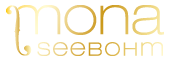 Goldenes Logo mit dem Text "mona Seebohm", stilistisch und elegant gestaltet.