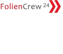 Logo mit Text "FolienCrew 24" und zwei roten Pfeilen nach rechts.