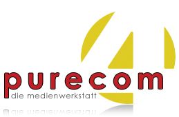 Rotes "purecom"-Logo vor gelbem Viertelkreis, darunter "die medienwerkstatt" in kleiner Schrift.
