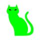Green silhouette of a cat with pointy ears and black eyes on a white background.