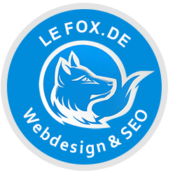 Logo von LE FOX.DE mit einem Fuchs, Webdesign & SEO in blauem Kreis.