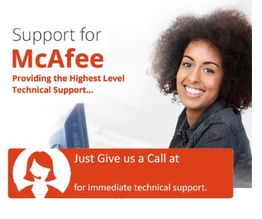 Smiling woman at a computer offering McAfee technical support. Call for immediate help.