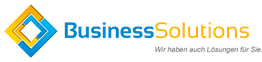 Logo mit gelbem und blauem Quadrat und Text: "Business Solutions. Wir haben auch Lösungen für Sie."