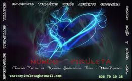 Corazón de luz azul y texto "Mundo Piruleta" con contacto de teatro. Fondo oscuro y abstracto.