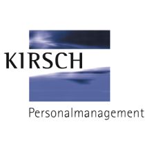 Logo mit Text "KIRSCH Personalmanagement", blau-weiße Streifen im Hintergrund.