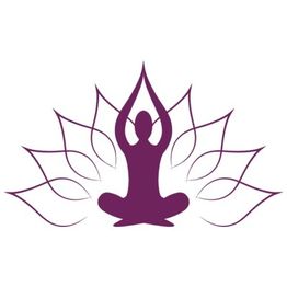 Skizze einer meditierenden Figur im Lotussitz mit Lotusblüten-Hintergrund, lila Farbe.