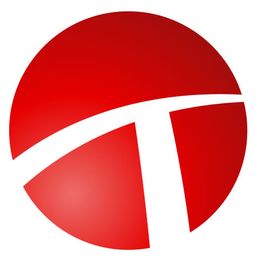 Rotes rundes Logo mit weißem geschwungenem und geradem Streifen durch die Mitte.