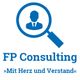 Lupe mit Personensymbol, Text: FP Consulting - "Mit Herz und Verstand".