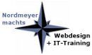 Logo mit Kompassrose: "Nordmeyer machts - Webdesign + IT-Training" in blau-schwarz.