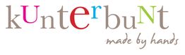 Kunterbunt-Logo mit farbigen Buchstaben und dem Schriftzug "made by hands" darunter.