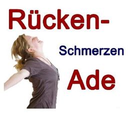 Frau streckt sich glücklich. Text: "Rückenschmerzen Ade".