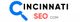 Logo with text: "Cincinnati SEO COM" featuring a blue magnifying glass for the 'C'.