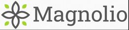 Logo von Magnolio mit einem blumenartigen Symbol und grün-grauer Farbgebung.