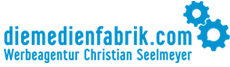 Logo: "diemedienfabrik.com" in Blau mit zwei Zahnrädern, Text "Werbeagentur Christian Seelmeyer".
