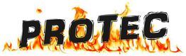 Texto "PROTEC" em chamas, com letras maiúsculas e um efeito de fogo ao fundo.