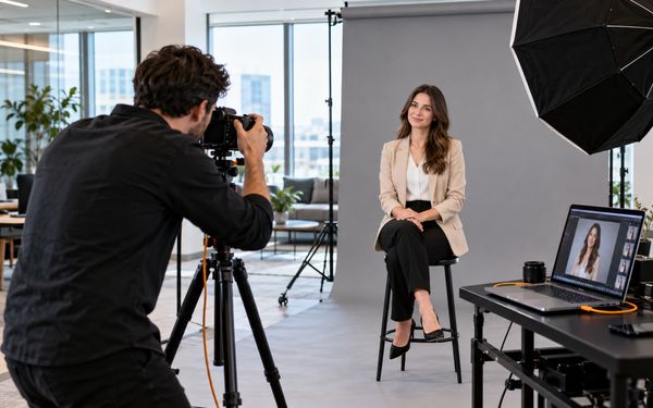 Ein Corporate-Fotograf erstellt professionelle Businessporträts einer Mitarbeiterin in einem mobilen Fotostudio im Büro, während Kamera, Beleuchtung und Bildbearbeitungsmonitore für ein einheitliches Erscheinungsbild sorgen.