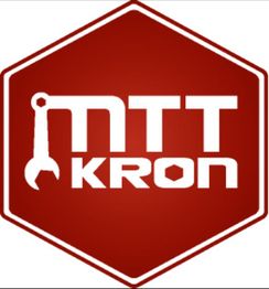 Rotes sechseckiges Logo mit weißem Schriftzug "MTT KRON" und Schraubenschlüssel-Symbol.