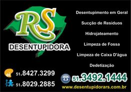 Cartão de contato da RS Desentupidora com serviços e números de telefone em fundo preto.