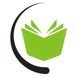 Green book icon with black curved line on a white background.